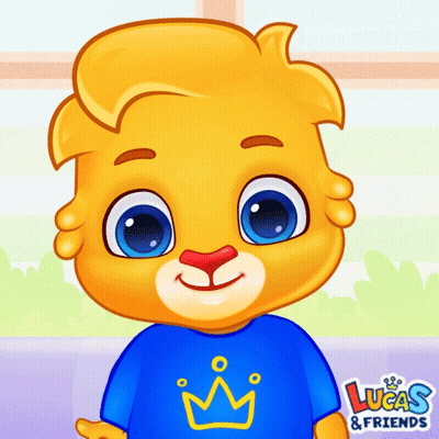 Lucas And Friends Logo With Cartoon Lion In Blue Shirt GIF