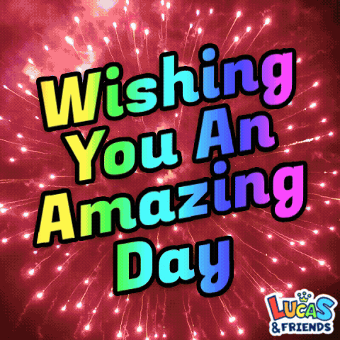 Lucas And Friends Wishing You An Amazing Day With Fireworks Behind It GIF