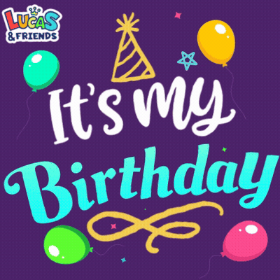 Lucas & Friends Logo With Balloons Saying It's My Birthday GIF