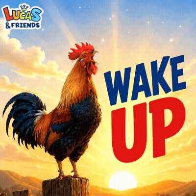 Lucas & Friends Rooster On Wooden Post GIF