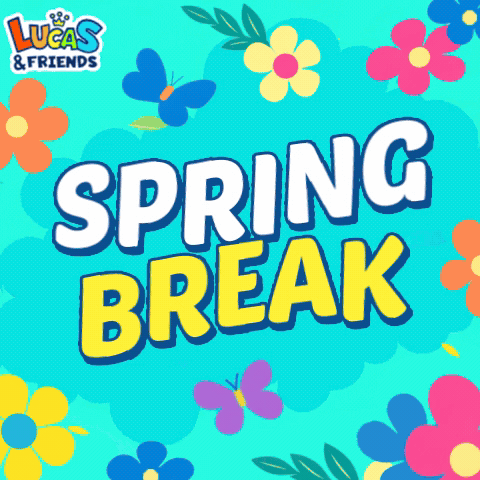 Lucas & Friends Spring Break Poster With Flowers And Butterflies On A Blue Background GIF