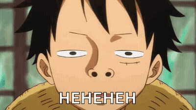 Luffy From One Piece Is Making A Funny Face With His Eyes Closed And The Words Henehene Written On His Face . GIF