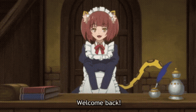 Maid With Hearts Coming Out Of Head Sitting At Table GIF
