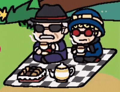 Man And Boy Sitting On Checkered Blanket Drinking Coffee GIF