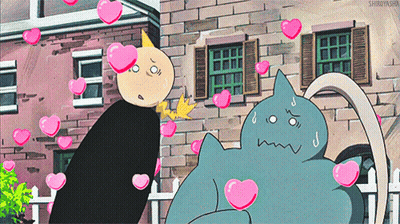 Man And Cat Surrounded By Hearts GIF