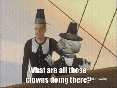 Man And Clown Saying What Are All Those Clowns Doing There GIF