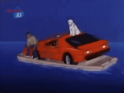 Man And Dog On Red Car On Boat In Water GIF