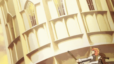 Man And Girl In Front Of Building With Arched Windows GIF