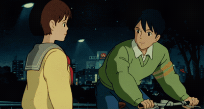 Man And Girl Looking At Each Other In Front Of Sign Saying A GIF