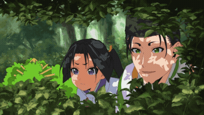 Man And Girl Peeking Out Of Bush GIF