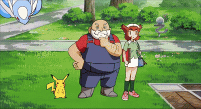Man And Girl Standing Next To Pikachu In Park GIF