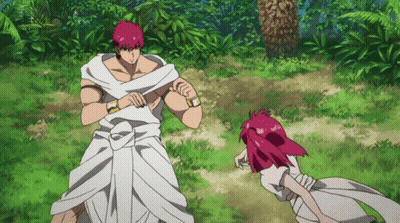 Man And Girl With Pink Hair Standing In Field GIF