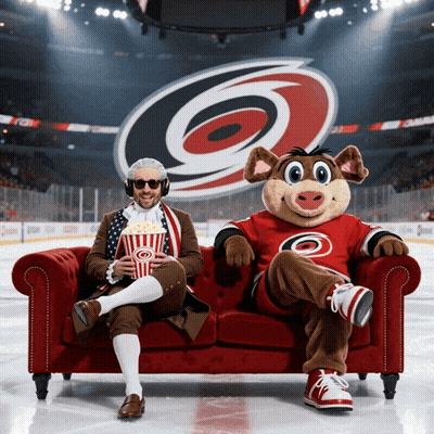 Man And Mascot Sitting On Red Couch GIF