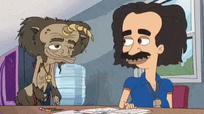 Man And Monster Sitting At Table GIF