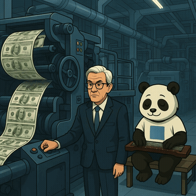 Man And Panda In Front Of Money Printing Machine GIF