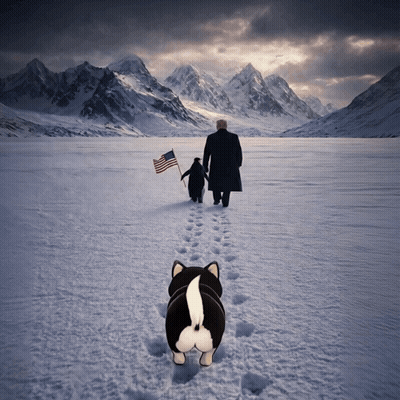 Man And Penguin Walking In Snow With American Flag GIF