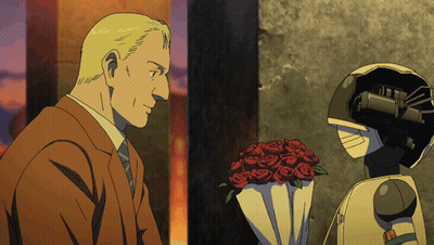 Man And Robot Face To Face With Red Roses GIF
