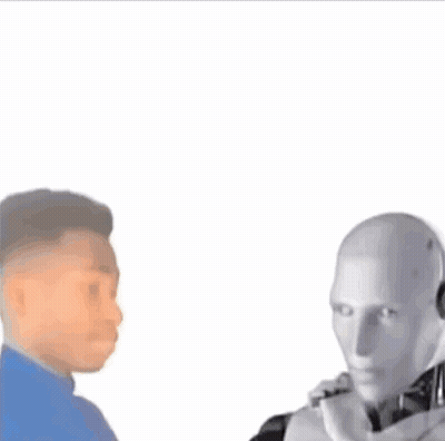 Man And Robot Talking Into Microphones GIF