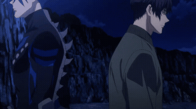 Man And Skeleton Standing In Dark GIF