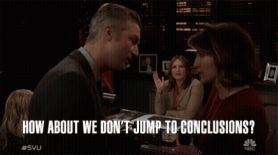 Man And Two Women At Desk Saying How About We Don't Jump To Conclusions GIF