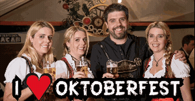 Man And Two Women Holding Beer Glasses At Oktoberfest Sign GIF