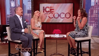 Man And Two Women Sitting In Front Of Ice Coco Screen GIF