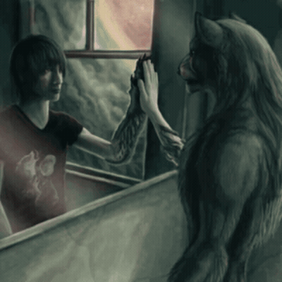 Man And Werewolf High Five In Mirror GIF