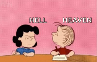 Man And Woman At Table Hell And Heaven GIF