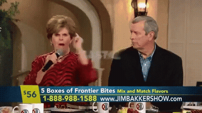 Man And Woman At Table With Jim Baker Show Ad GIF