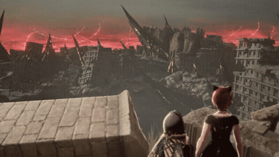 Man And Woman Before Destroyed City Red Sky GIF