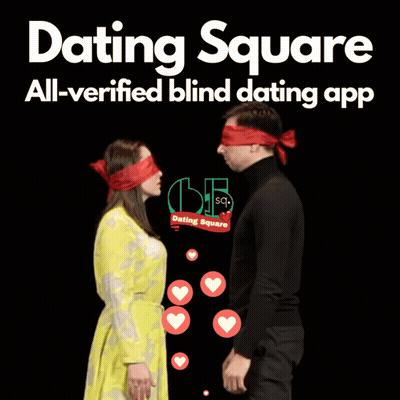 Man And Woman Blindfolded On Dating Square Ad GIF
