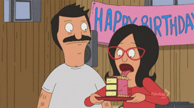 Man And Woman Eating Cake In Front Of Happy Birthday Banner GIF