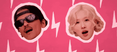 Man And Woman Faces Cutout With Lightning Bolts On Pink Background GIF