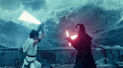 Man And Woman Fighting With Lightsabers In Water GIF