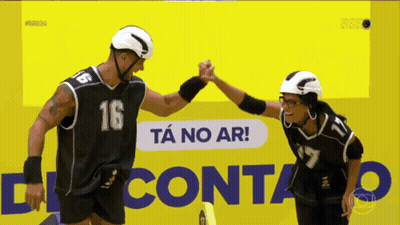 Man And Woman High Five Yellow Sign Conta GIF