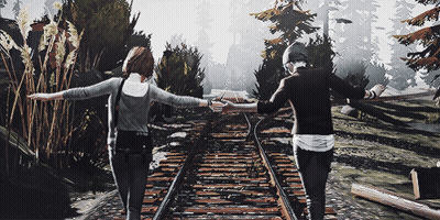 Man And Woman Holding Hands Walking On Train Tracks GIF