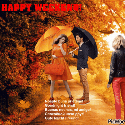 Man And Woman Holding Umbrellas Happy Weekend GIF