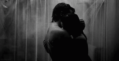 Man And Woman Hugging In Shower Black And White GIF