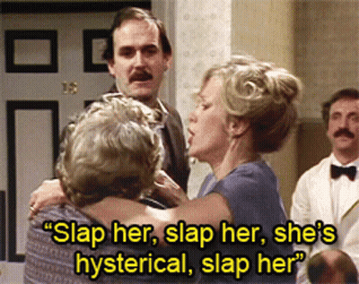 Man And Woman Hugging Saying Slap Her She's Hysterical GIF