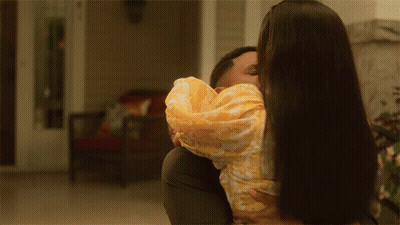 Man And Woman Hugging Woman In Yellow Dress GIF