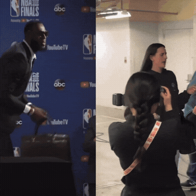 Man And Woman In Front Of Blue Wall Saying NBA Finals GIF