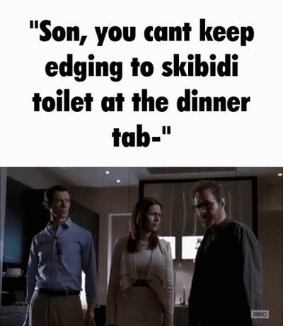 Man And Woman In Front Of Sign Saying Son You Can't Keep Edging To Skibidi Toilet GIF