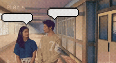Man And Woman In Hallway With Speech Bubbles And Play Button GIF