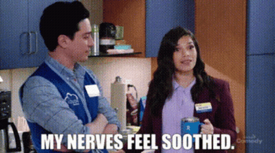 Man And Woman In Kitchen Saying My Nerves Feel Soothed GIF