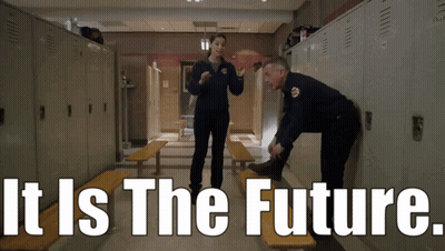Man And Woman In Locker Room Saying It Is The Future GIF