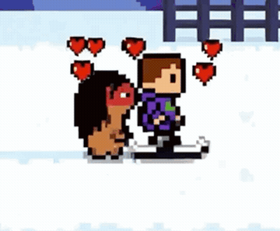 Man And Woman In Snow With Hearts On Heads GIF