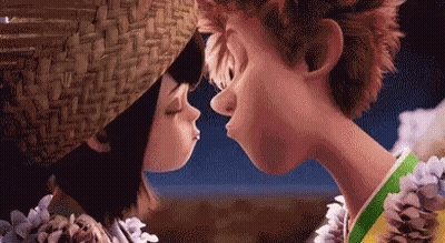 Man And Woman Kissing Cartoon Straw Hat GIF