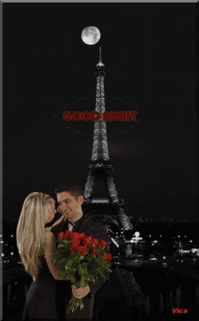 Man And Woman Kissing Eiffel Tower Red Good Night GIF