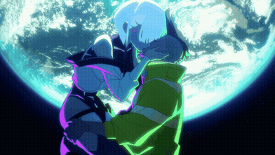 Man And Woman Kissing In Front Of Blue Planet GIF