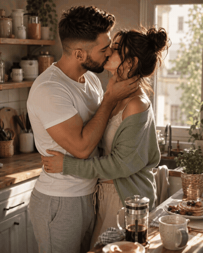 Man And Woman Kissing In Kitchen With French Press GIF